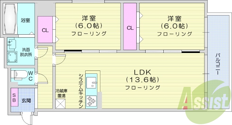 2LDK、都市ガス、エアコン、システムキッチン、浴室乾燥機