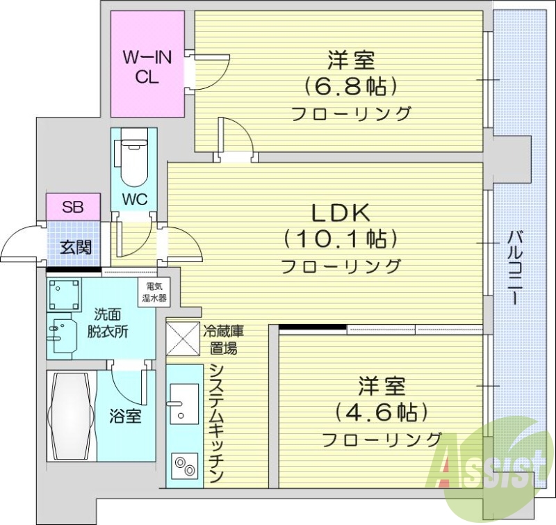 2LDK、バストイレ別、バルコニー、クローゼット、オール電化