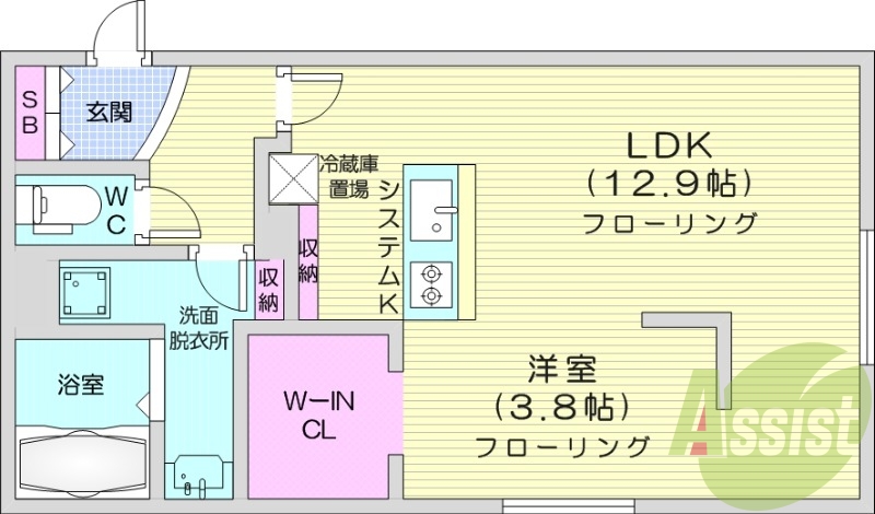 1LDK、エアコン、都市ガス、システムキッチン