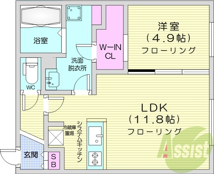 1LDK、エアコン、都市ガス、システムキッチン