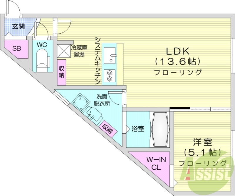 1LDK、エアコン、都市ガス、システムキッチン