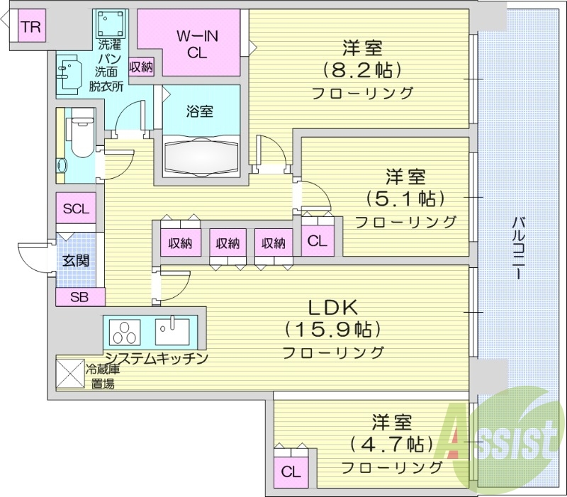 3LDK、システムキッチン、シャワートイレ、追い焚き