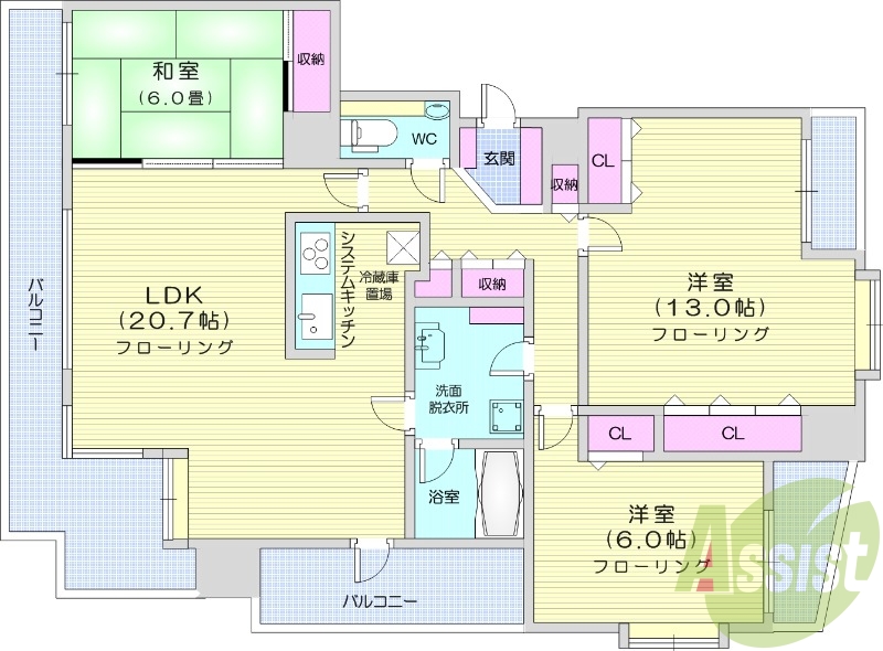 3LDK、システムキッチン、エアコン、分譲タイプ