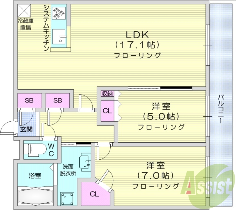 2LDK、都市ガス、システムキッチン、浴室乾燥機