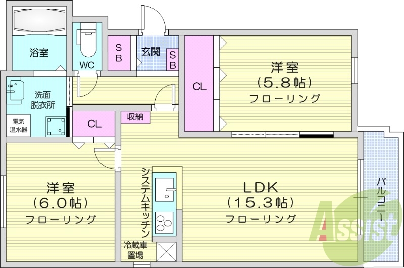 2LDK、エアコン、オール電化、システムキッチン