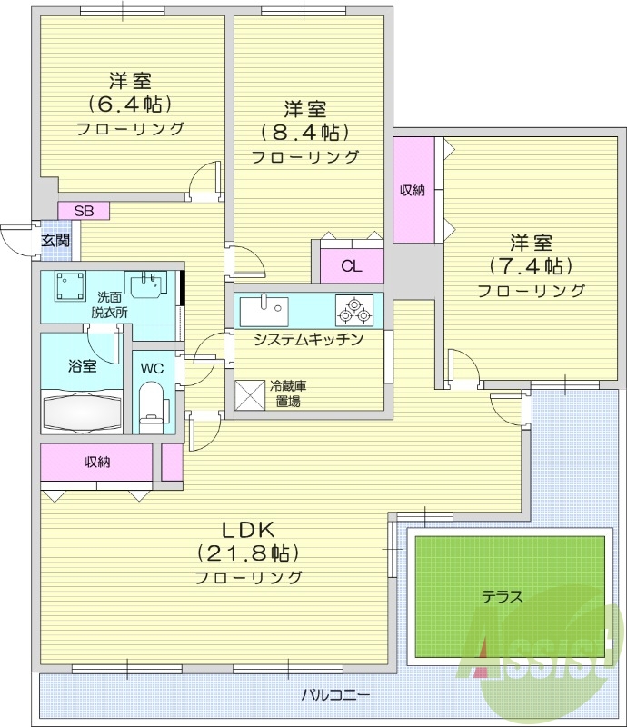 3LDK、都市ガス、システムキッチン、オートロック
