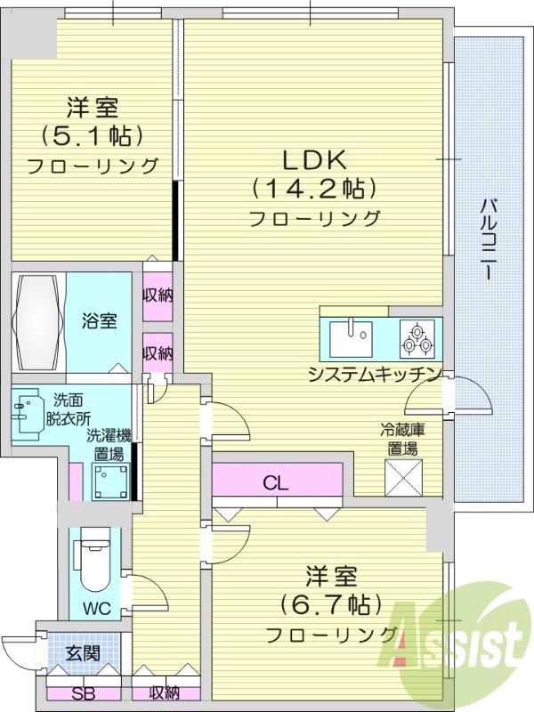 2LDK、都市ガス、システムキッチン、追い焚き