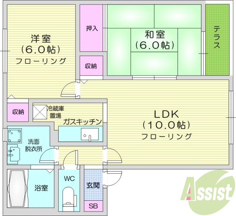 2LDK、独立洗面台、灯油暖房、バストイレ別