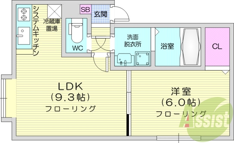 1LDK、独立洗面台、エアコン、システムキッチン