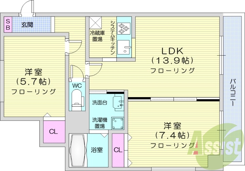 2LDK、エアコン、システムキッチン、灯油暖房