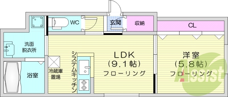 1LDK、都市ガス、エアコン、独立洗面台、システムキッチン