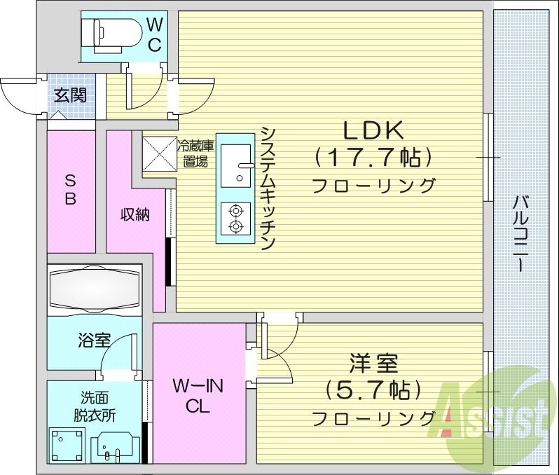 1LDK、都市ガス、エアコン、システムキッチン