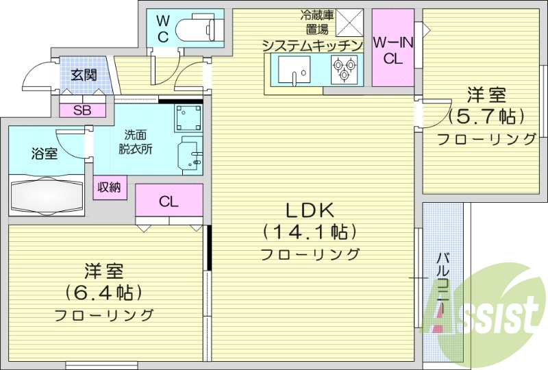 2LDK、エアコン、都市ガス、システムキッチン