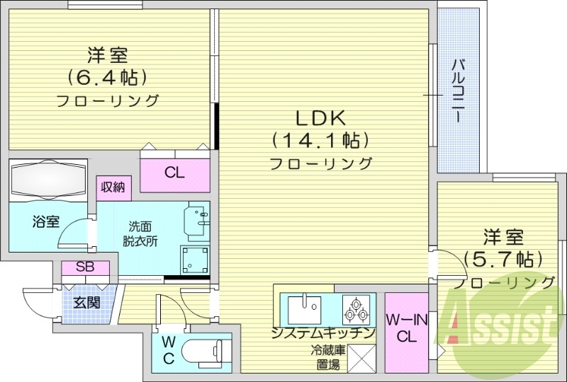 2LDK、エアコン、都市ガス、システムキッチン