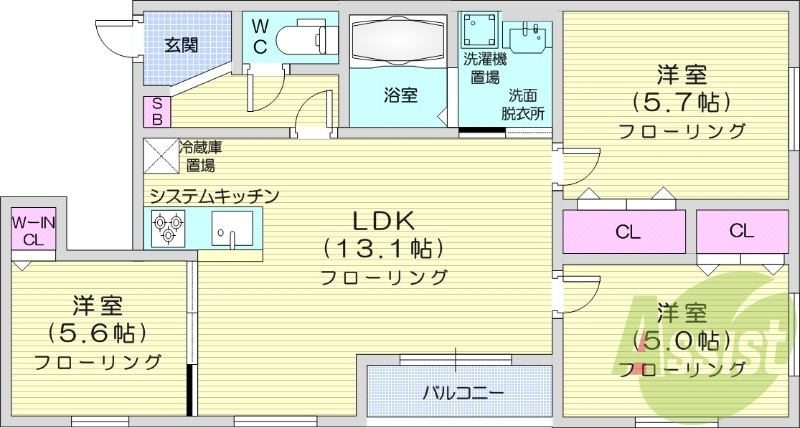 3LDK、都市ガス、エアコン、システムキッチン、追い焚き