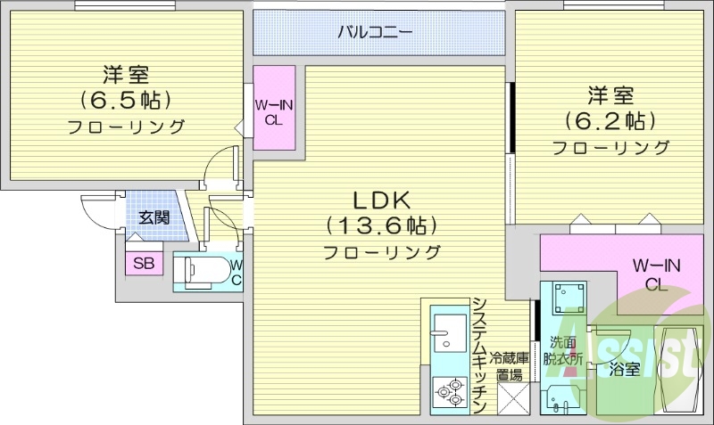 2LDK、エアコン、都市ガス、システムキッチン