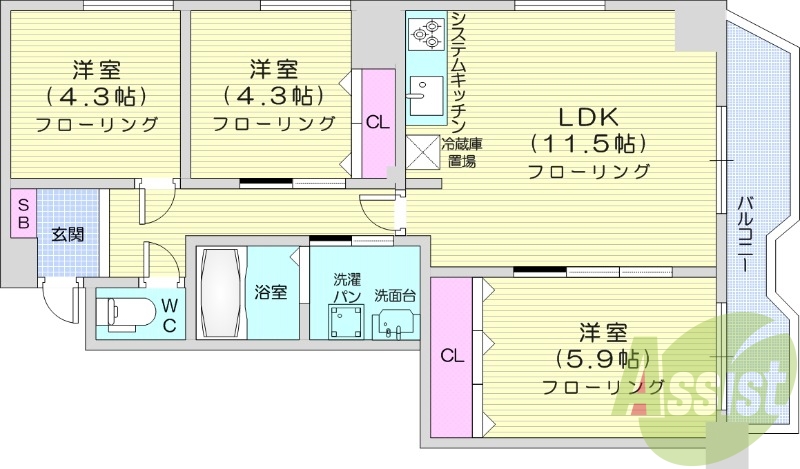3LDK、都市ガス、シャワートイレ、システムキッチン