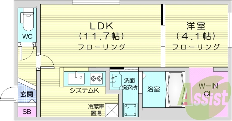 1LDK、エアコン、システムキッチン、浴室乾燥機