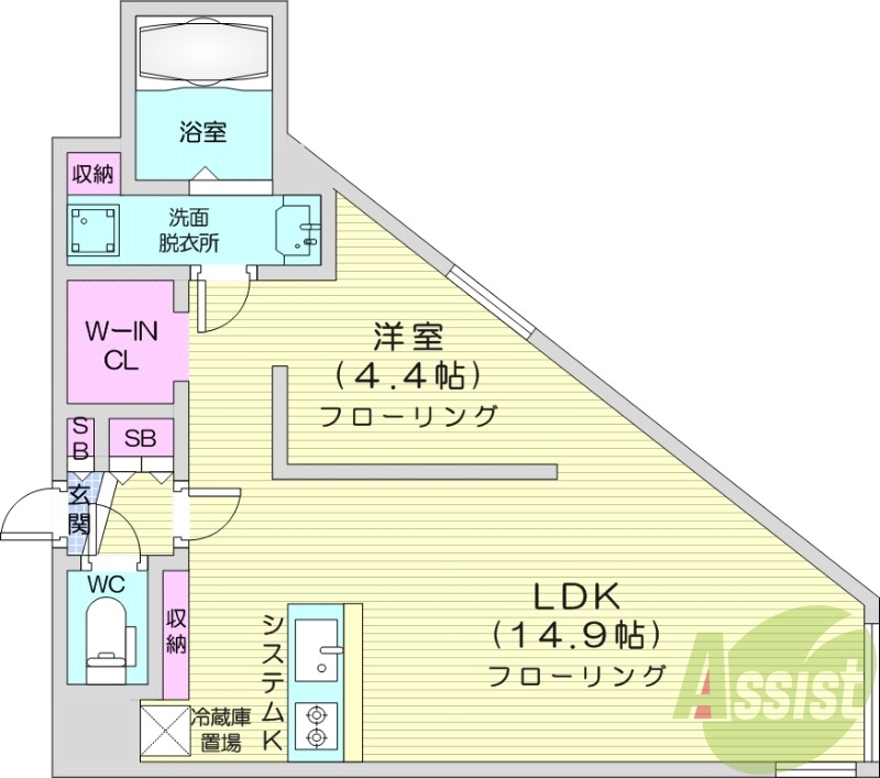 1LDK、エアコン、都市ガス、システムキッチン