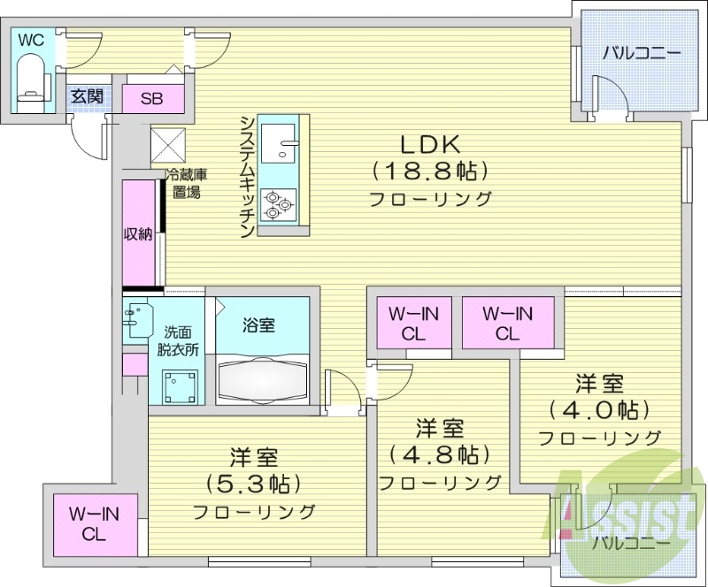 3LDK、エアコン、システムキッチン、浴室乾燥機