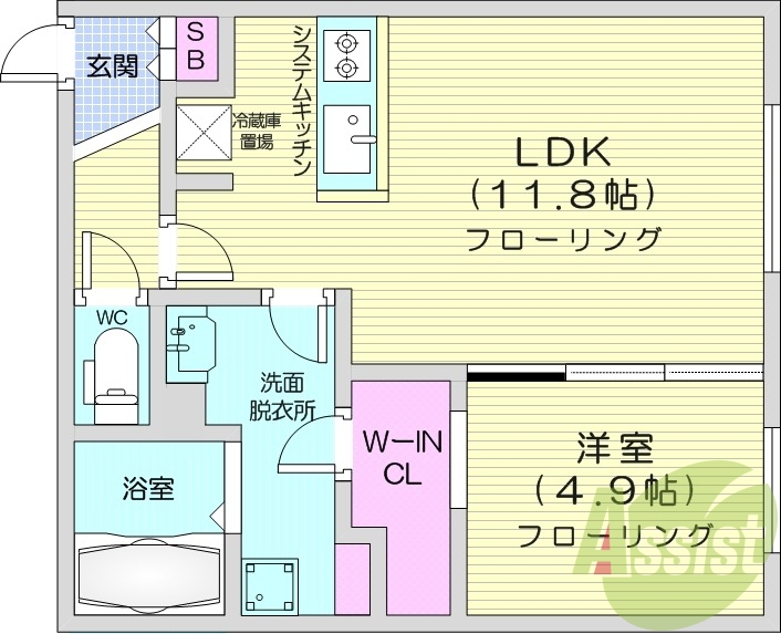 1LDK、エアコン、都市ガス、システムキッチン
