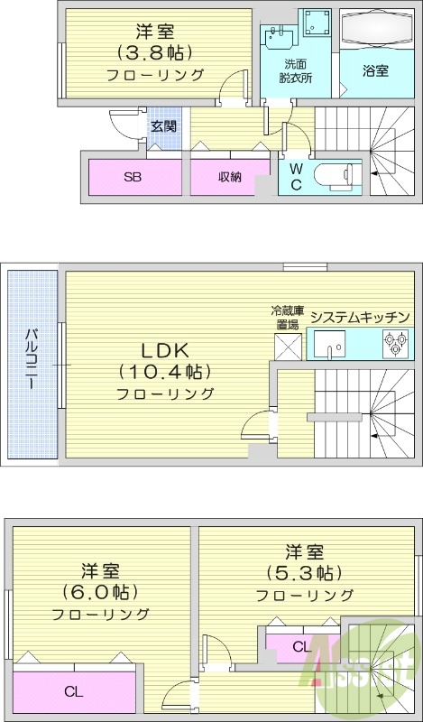 3LDK、メゾネット、エアコン、システムキッチン