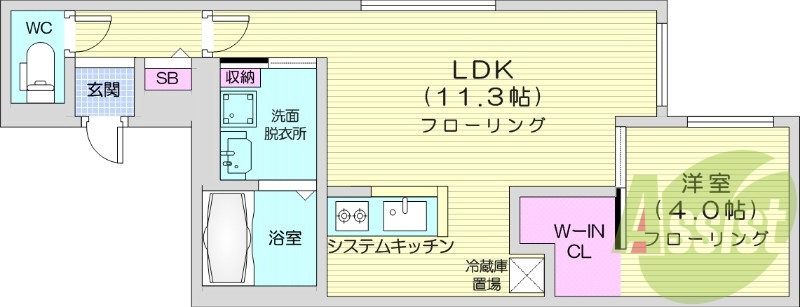 1LDK、エアコン、システムキッチン、浴室乾燥機