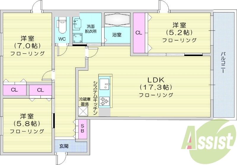 3LDK、エアコン、追い焚き、システムキッチン