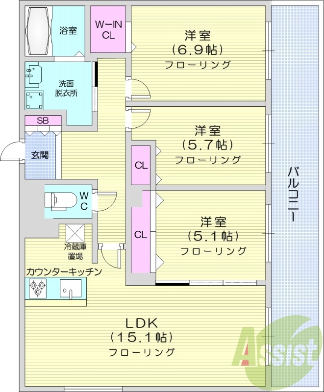 3LDK、エアコン、追い焚き、システムキッチン