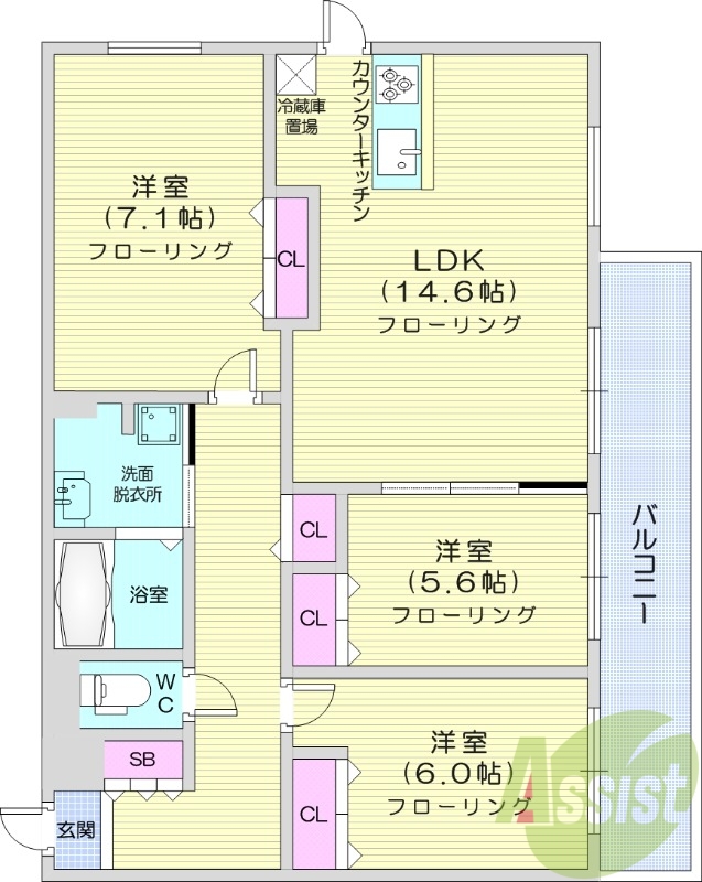 3LDK、エアコン、追い焚き、システムキッチン