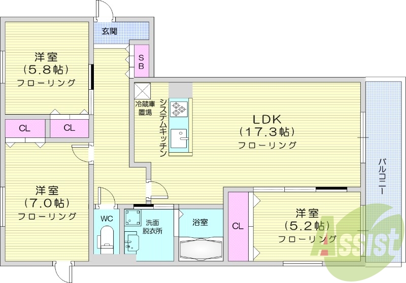 3LDK、エアコン、追い焚き、システムキッチン