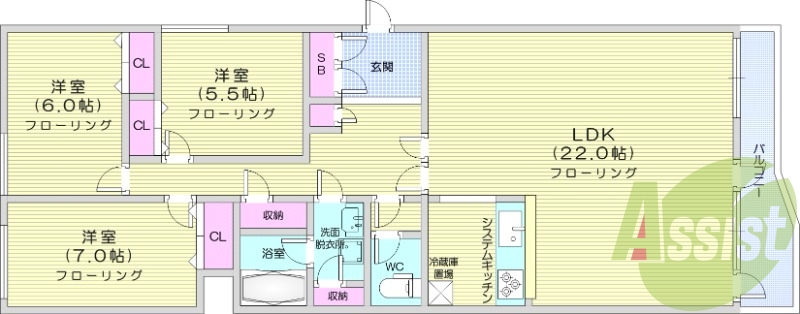 3LDK、エアコン、追い焚き、システムキッチン