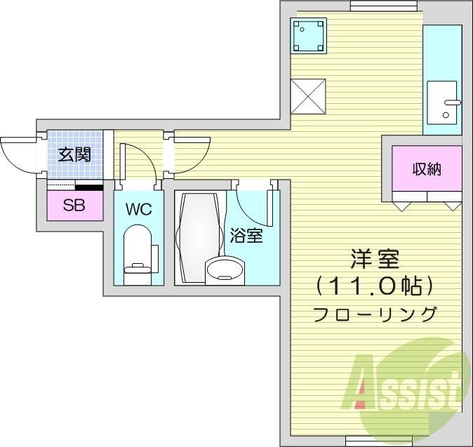 1R、バストイレ別、ガスFF暖房、室内洗濯機置場
