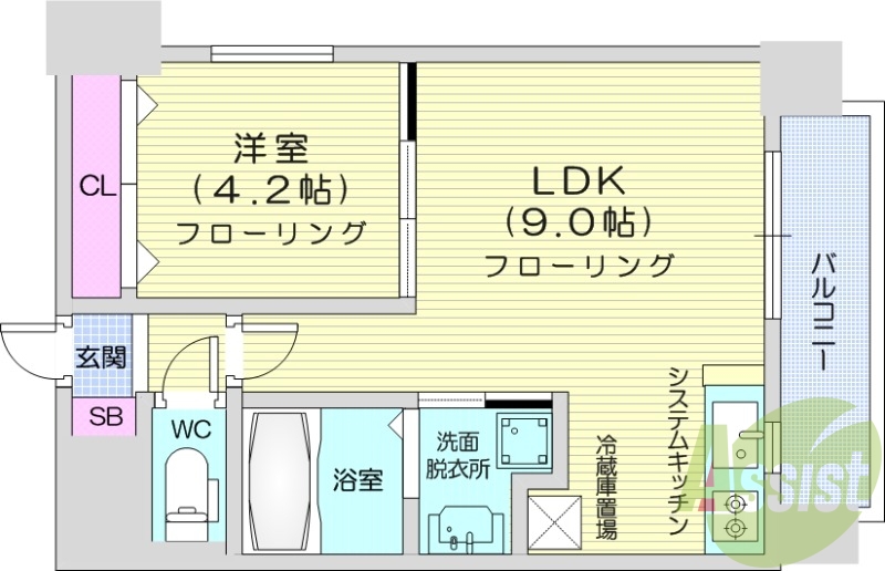 1LDK、都市ガス、エアコン、システムキッチン、ネット無料