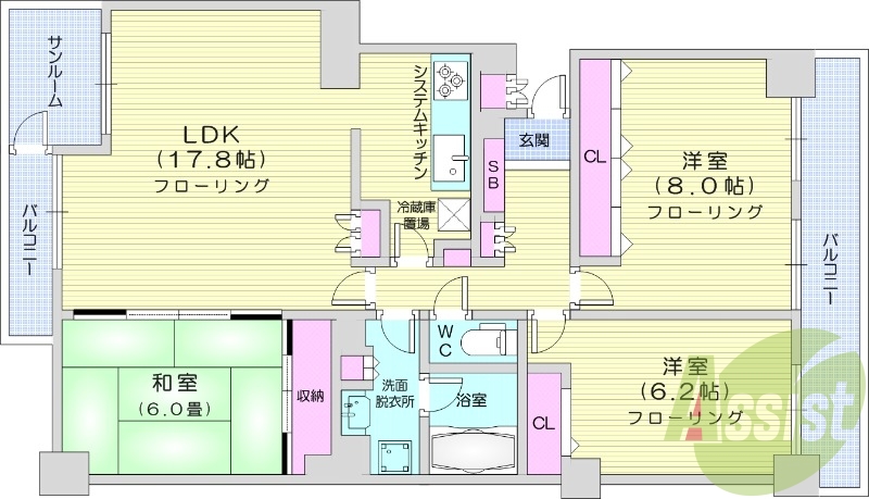 3LDK、都市ガス、オートロック、システムキッチン