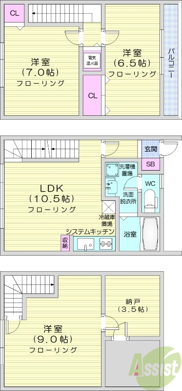 3LDK、独立洗面台、ケーブルTV、バストイレ別