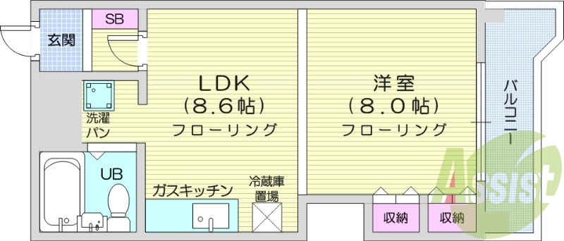 1LDK、収納、洗濯機置場、都市ガス、ガス暖房