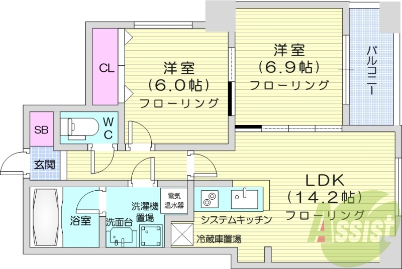 2LDK、クローゼット、バルコニー、エアコン、オール電化