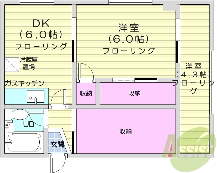 2DK、角部屋、ペット対応、バストイレ別