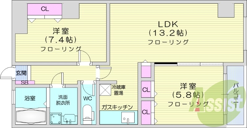 2LDK、オートロック、バストイレ別、灯油暖房
