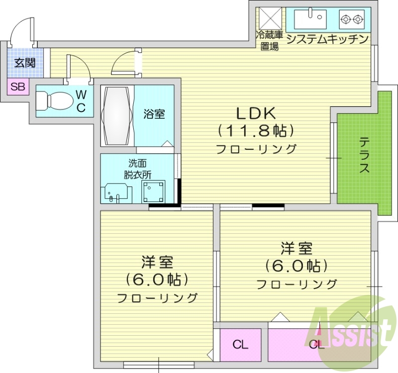 2LDK、独立洗面台、灯油暖房、システムキッチン