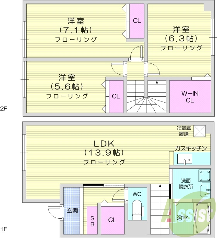 3LDK、エアコン、独立洗面台、浴室乾燥機、トランクルーム