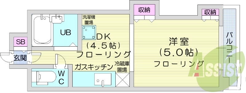 １DK、シャワートイレ、ガスFF暖房