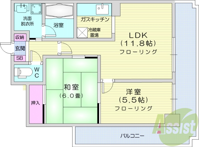 2LDK、エアコン、都市ガス、システムキッチン
