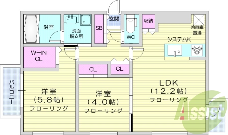 2LDK、都市ガス、エアコン、追い焚き、浴室乾燥機