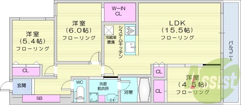 3LDK、都市ガス、エアコン、追い焚き、浴室乾燥機