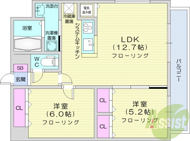 2LDK、角部屋、電気暖房、追い焚き、宅配BOX