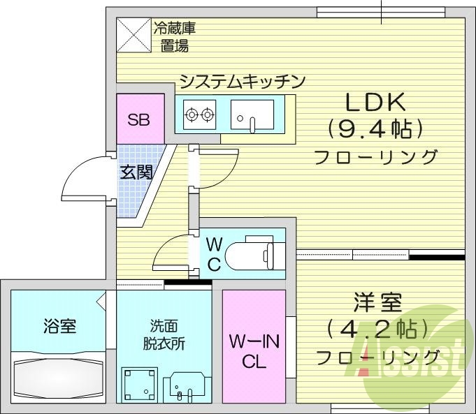 1LDK、都市ガス、エアコン、システムキッチン、浴室乾燥機