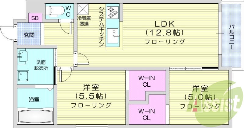 2LDK、都市ガス、エアコン、システムキッチン、浴室乾燥機