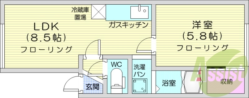 1LDK、灯油FF暖房、室内洗濯機置場、収納